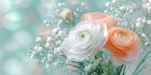 beautiful spring flowers of digital art, with teal and coral colors. white roses, orange ranunculus