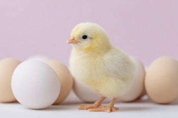 a cute yellow chick hatching from an egg, on a white background.