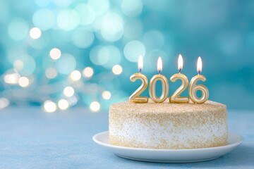 a golden cake with the numbers 2026 and lit candles on top, against a blue background with bokeh lights.