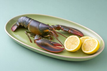 a lobster on an oval green plate with lemon slices, against a solid gray background.