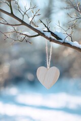 a heart shaped wooden ornament hanging on a tree branch in a winter landscape with a blurred background