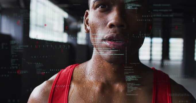 Athlete breathing and focusing while camera rising revealing face animated code mapping fitness