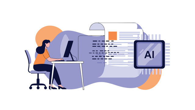 Female professional using artificial intelligence to analyze a digital document with a large AI microchip icon representing smart data.