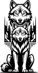 Fototapeta premium Two Stylized Wolves Graphic Illustration with Forest Elements
