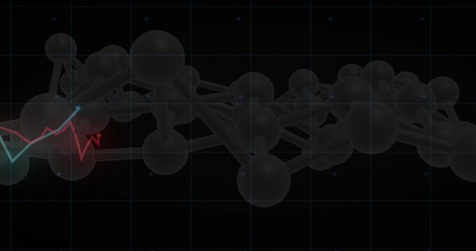 Neon waveform traces pulsing from initial pulse and crossing, lighting molecular chain nodes