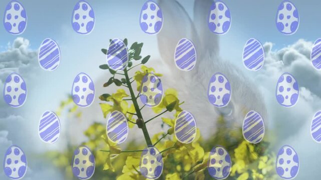 Clouds shifting, rabbit shape emerging behind yellow stalk, egg grid staying fixed, forming scene