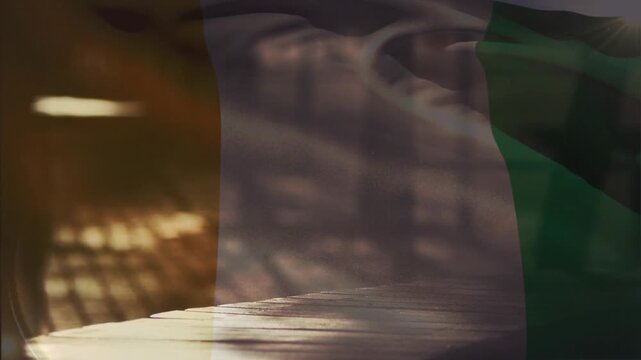 Tricolor flag appearing center-right, rippling right and revealing wood slatted light green stripe