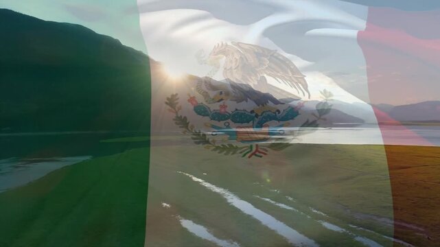 Sun glare initiating translucent green white red flag rippling over lakeside, showing coat of arms