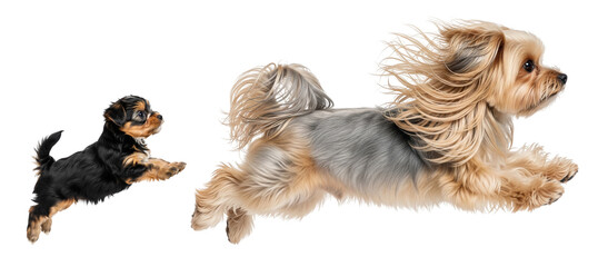 Morkie dog and puppy jumping in the air during playtime isolated on white background for fun moments