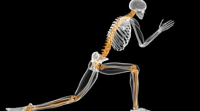 Anatomical visualization of human hip joint flexion during a lunging motion, highlighting skeletal structure and movement