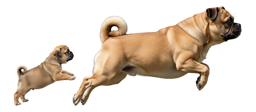 Jumping hybrid breed Puggle dog and puppy showing playful action in a bright setting