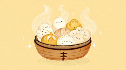 Kawaii Dim Sum Basket Illustration
