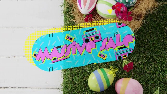 Halftone appearing, skate deck showing MASSIVE SALE, eggs rolling, camera shifting, promoting sale