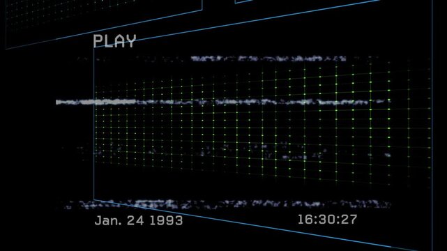 PLAY indicator starting playback, neon panels animating, rearranging to reveal multichannel traces