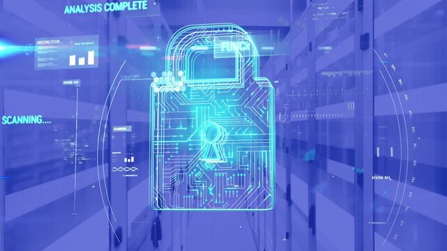 Neon-blue padlock activating while circular HUD appearing, scanning racks, confirming secure status