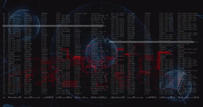 On feed start, central globe rotating, pulling red markers, columns appearing, visualizing data