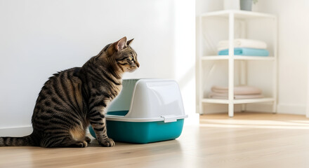 Brown tabby cat sitting next to a clean modern litter box in a well-lit room with a minimalist white shelving unit in the background
