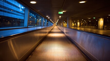Illuminated Airport Moving Walkway Tunnel Perspective Towards Distant Lights