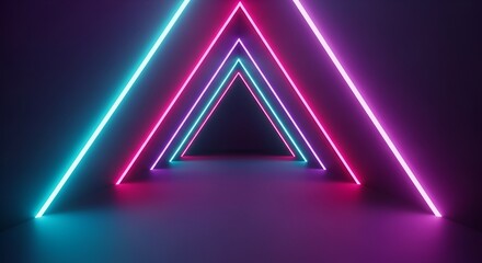 neon triangle tunnel, vibrant lights, futuristic design, abstract background