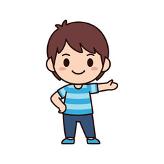 Obraz premium A cheerful cartoon boy with short brown hair wearing a striped shirt and jeans posing with a smile