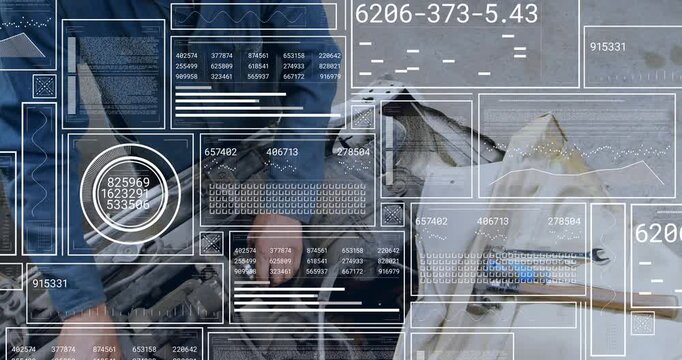 Mechanic opening hood and leaning into engine bay, doing repair using tools while HUD tagging parts