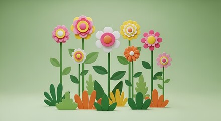 colorful paper flowers on green background, spring garden
