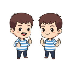 Two identical happy cartoon twin boys wearing striped shirts and giving thumbs up