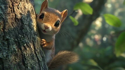 Fototapeta premium Squirrel peeking from behind tree trunk in forest environment naturally