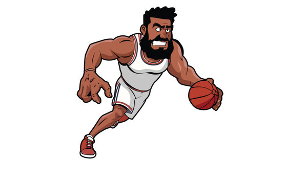 Basketball sport action concept illustration. Scene of a strong professional athlete dribbling the ball in aggressive motion symbolizing competition, power, determination and championship performance.