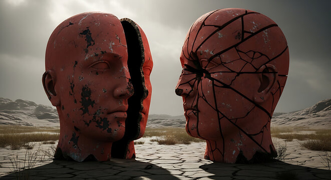 Two fractured crimson heads facing each other symbolizing profound heartache emotional trauma and relationship conflict with shattered ceramic fragments representing a split psyche and sorrow