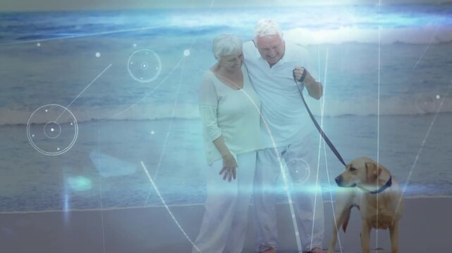 Senior couple standing at shoreline, app detecting posture and projecting health-tech HUD overlays