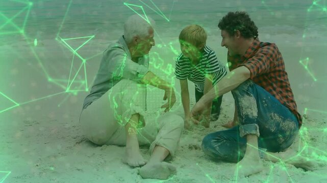 three-gen family sitting on sand child digging sparking green tech overlay around hands bonding