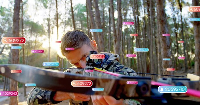 Hunting archer gripping bow and raising to cheek, steadying aim and aligning sight with AR labels