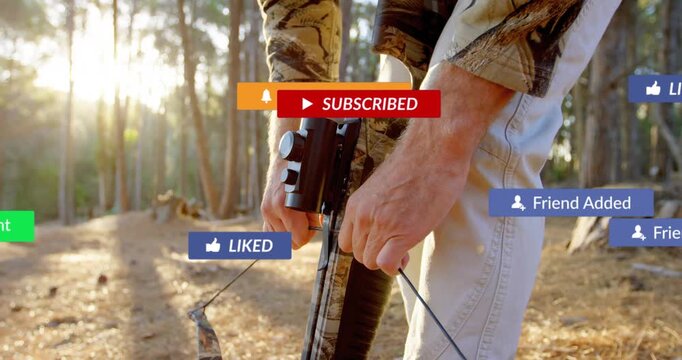 Man pulling bowstring, prepping crossbow for hunting while social media subscribe badges spreading