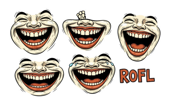 Set of expressive laughing faces with comic style ROFL text