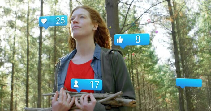 Woman holding sticks in pine forest as cam zooming, bubbles popping and drawing social media notice