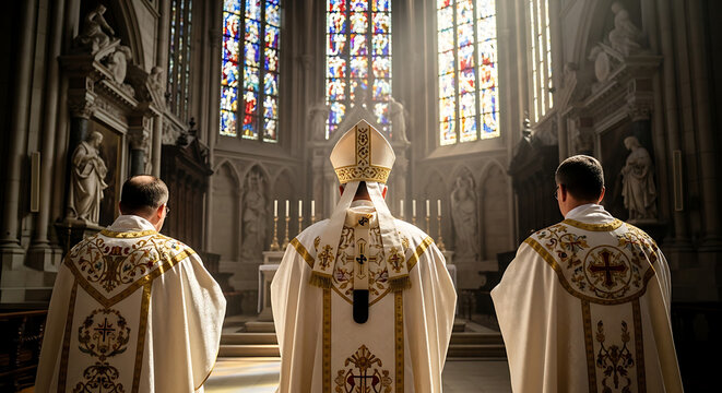 Trio of religious clergymen standing inside a historic cathedral interior wearing ornate white and gold embroidered vestments while participating in a traditional catholic liturgy ceremony.