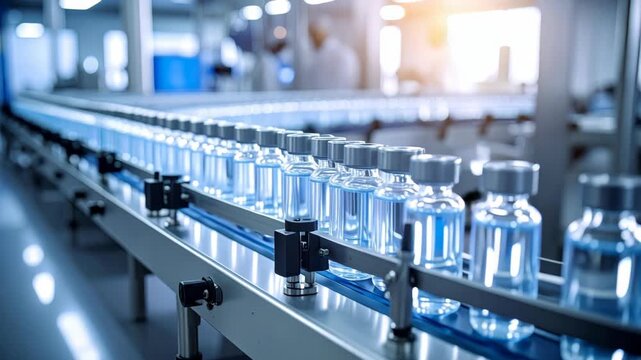 Pharmaceutical manufacturing line with rows of sterile glass vials on conveyor belt
