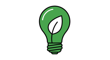 A green light bulb with a white leaf inside on a plain white background, conveying an eco-friendly concept in a simple illustration.
