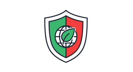 Shield logo with green and red halves and a white globe and leaf emblem on a plain white background.