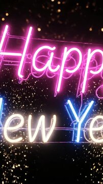 Neon new year greeting with sparkling lights and dark background