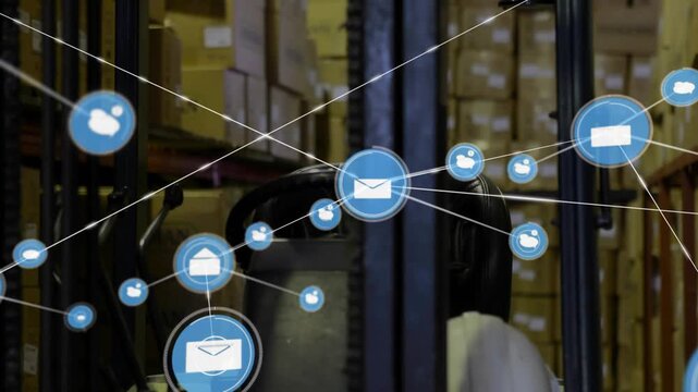 Envelope icon appearing over forklift helmet, spawning blue nodes moving forward, showing logistics