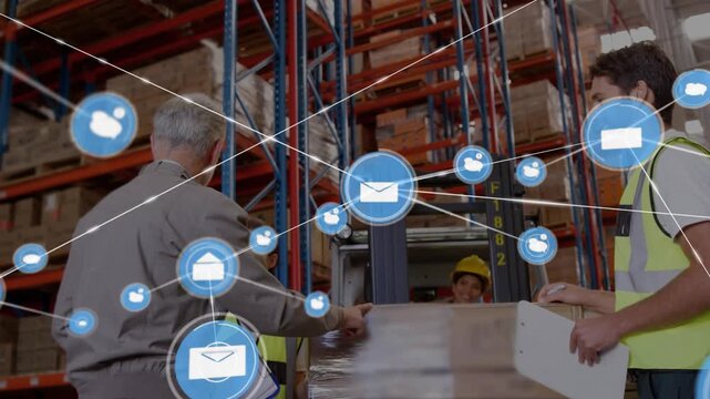 Supervisor inspecting wrapped pallet and guiding hand-off in warehouse while blue icons spreading