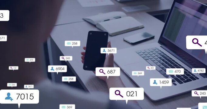 Woman holding phone, screen lighting, showing alerts over laptop, numbers rising, fading for ads