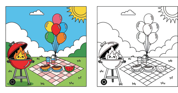 Kawaii Summer BBQ Picnic Scene with Grill, Food, and Balloons. Coloring Book Page Illustration