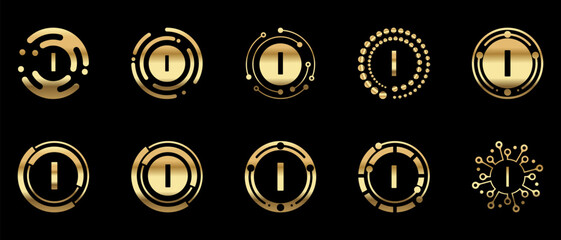 Luxury gold letter I logo collection with modern circular, abstract, and tech-inspired elements. Elegant metallic monogram designs on black background