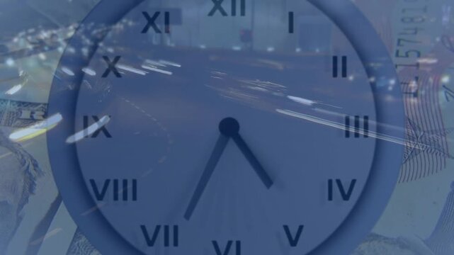 On start clock hands rotating clockwise, light streaks sliding and money shifting, showing time