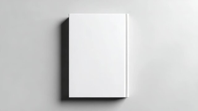 Blank white hardcover book resting on a gray surface, top down view