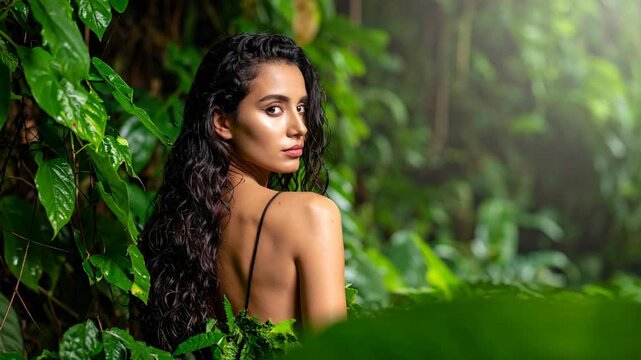 Woman with long curly hair in lush green jungle foliage at sunrise glowing light