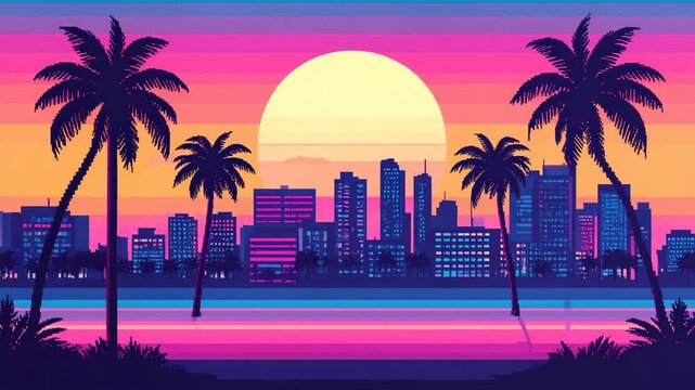 Pixel art cityscape with palm trees at sunset in vibrant retro colors